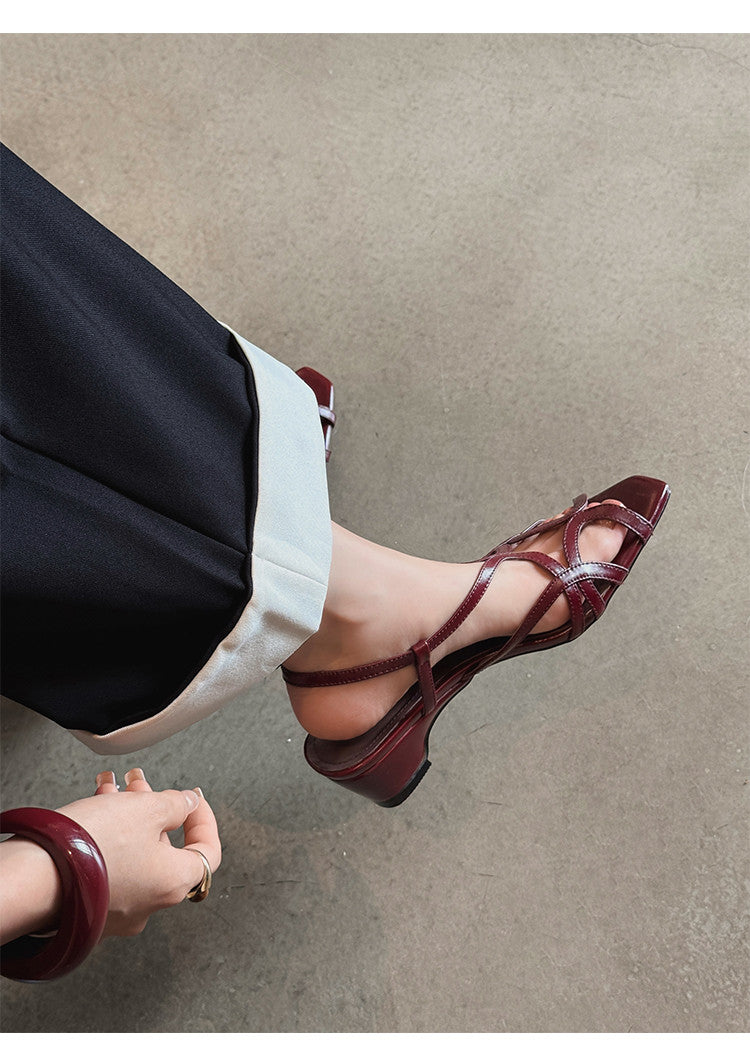 Karin Luna French Hollow Style Small Square Toe Chunky Heel Sandals
