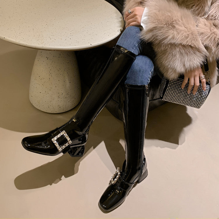 Karin Luna Elegant Style Ultra Slimming Rhinestone Chunky Heel British Style Riding Boots Long Boots