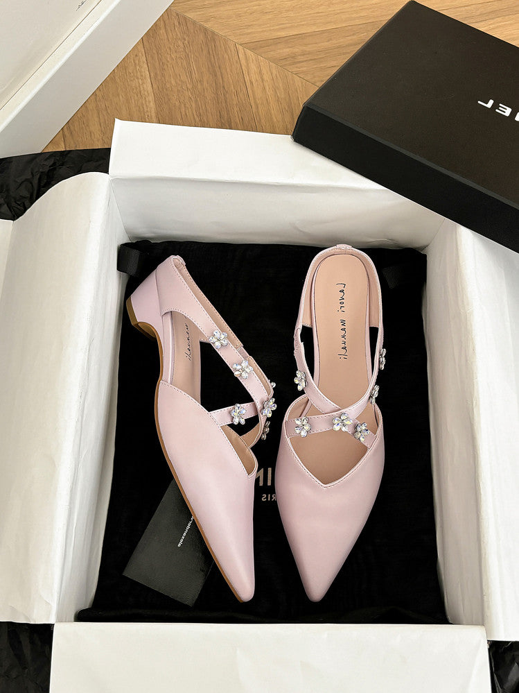 Karin Luna Elegant Pointed Toe Rhinestone Flower High Heel Mules