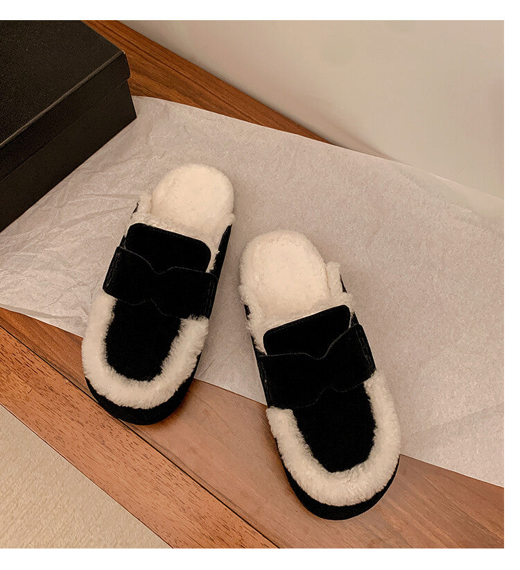 Karin Luna In Stock Look~This is such thick lamb wool Winter Atmosphere！Cowhide Leather Lamb Wool Round Toe Flat Sole Half Support！