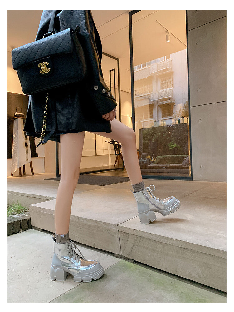 Karin Luna Casual Thick Sole Full Cowhide Lace-up Thick-soled Short Boots   Classic All-Matching