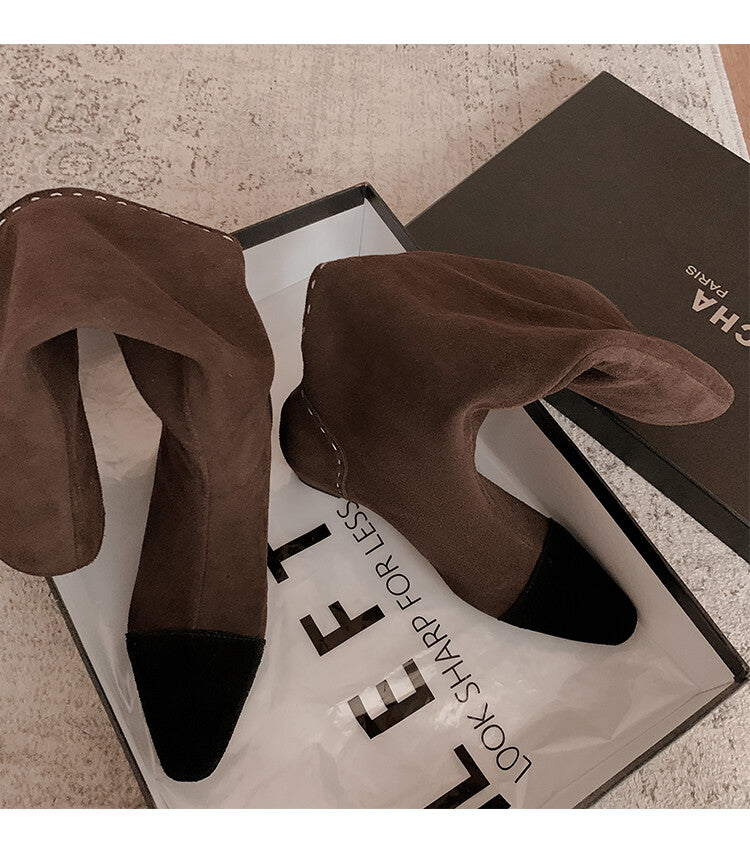 Karin Luna In Stock Spot Goods TikTok Live Hot Item Full Cowhide Leather Pointed Toe Retro Wedge Heel Stacked Boots