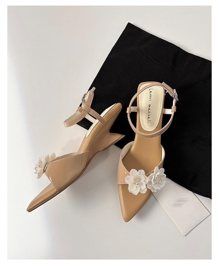 Karin Luna In Stock Spot Goods  Classic Camellia Pointed Toe Elegant Irregular Heel Sandals