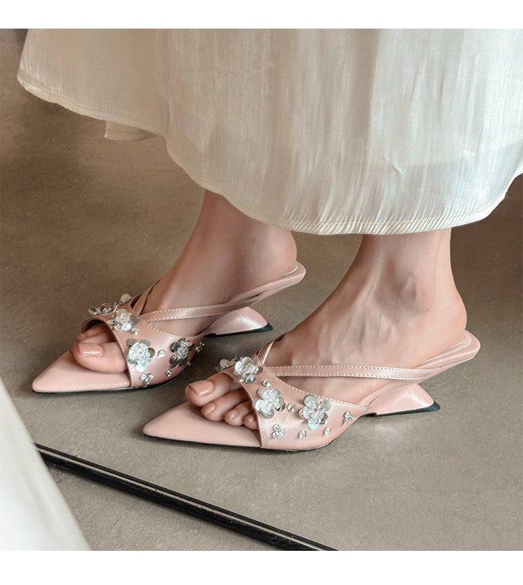 Karin Luna Bestseller Sequin Elements Elegant Pointed Toe Irregular Heel Slippers