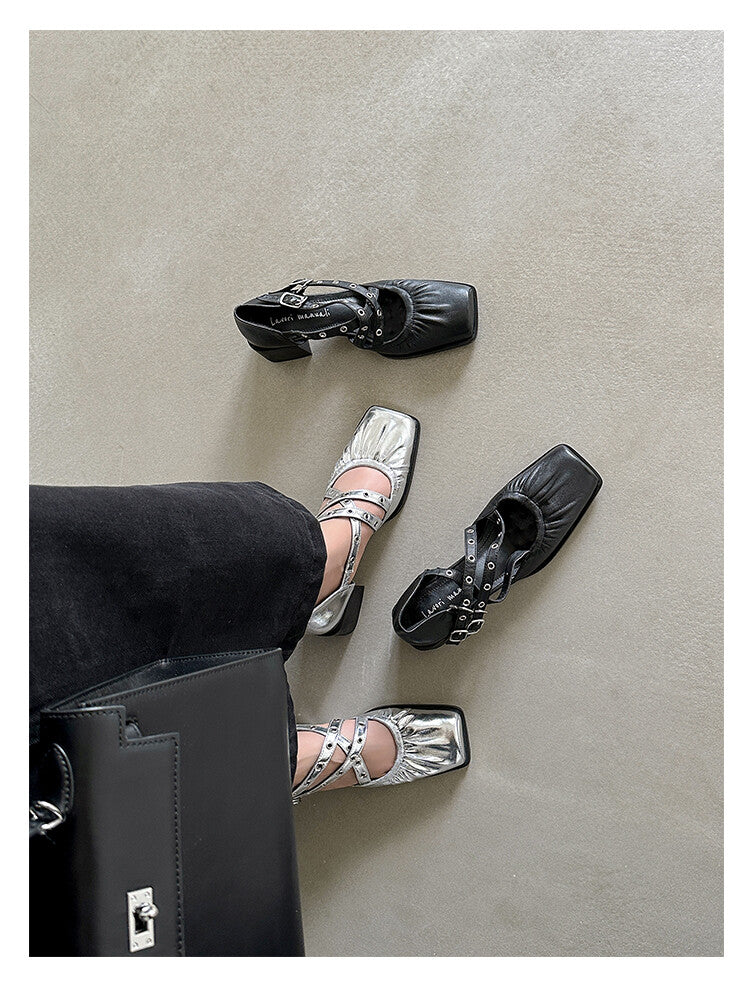 Karin Luna In Stock Spot Goods First Layer Sheepskin Cross Strap Rivet Square Toe Mary Jane Sandals