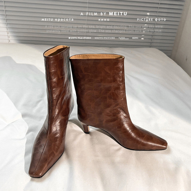 Karin Luna In Stock Spot Goods Top Layer Stone Pattern Cowhide Textured Small Square Toe Straight Short Boots