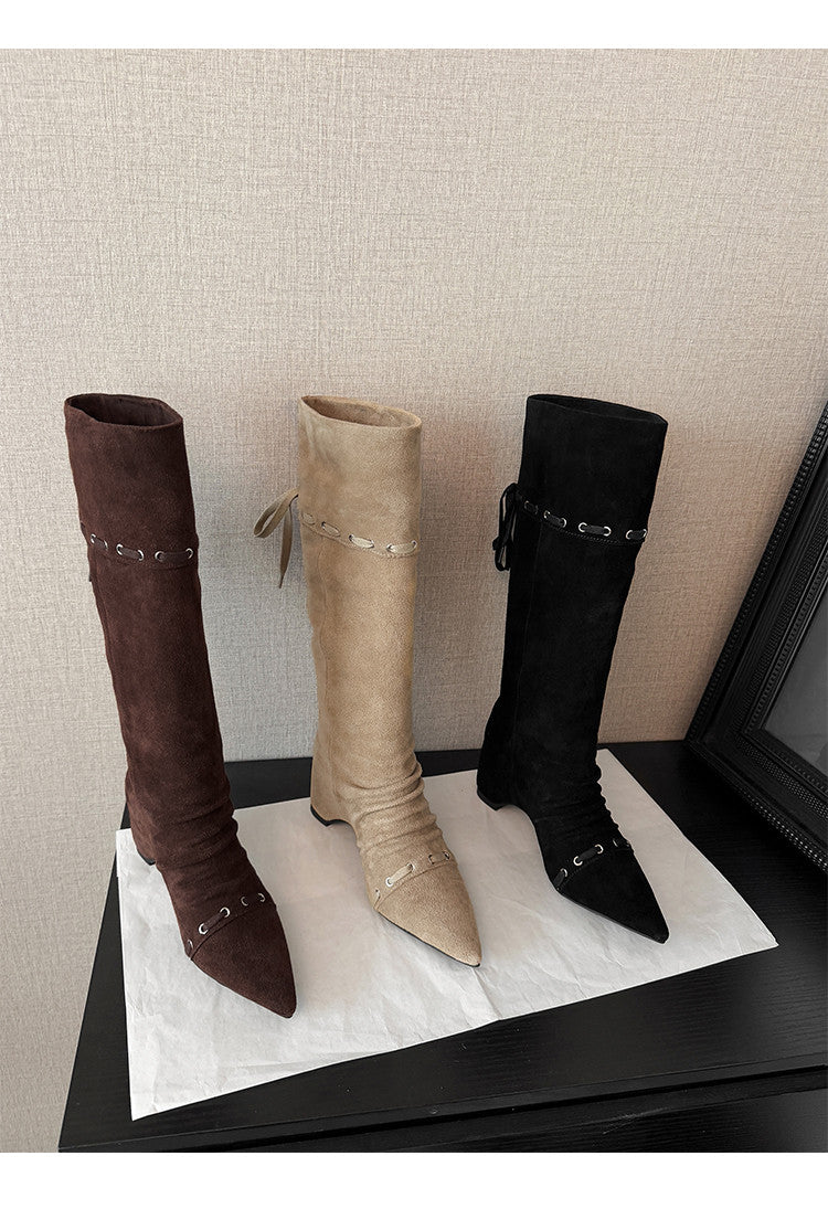 Karin Luna Elegant Style  Pointed Toe Pleated Hidden Wedge Western Boots