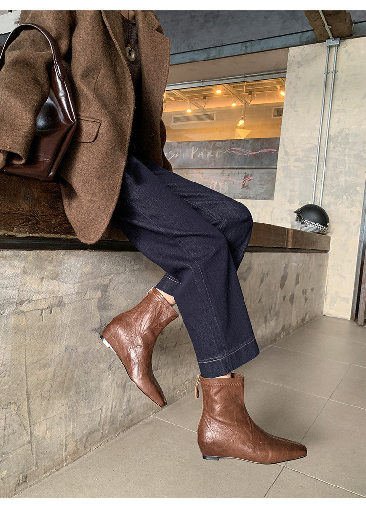 Karin Luna In Stock Spot Goods Slim Series  Hidden Wedge Small Square Toe Back Zipper Short Boots
