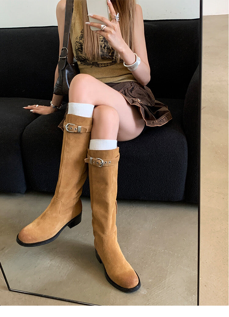 Karin Luna Chunky Heels Round Head Belt Buckle  Fashionable Suede Boots