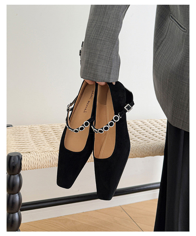 Karin Luna In Stock Spot Goods  Vintage Full Leather Square Toe Rhinestone Strap Shallow Mouth Single Shoes