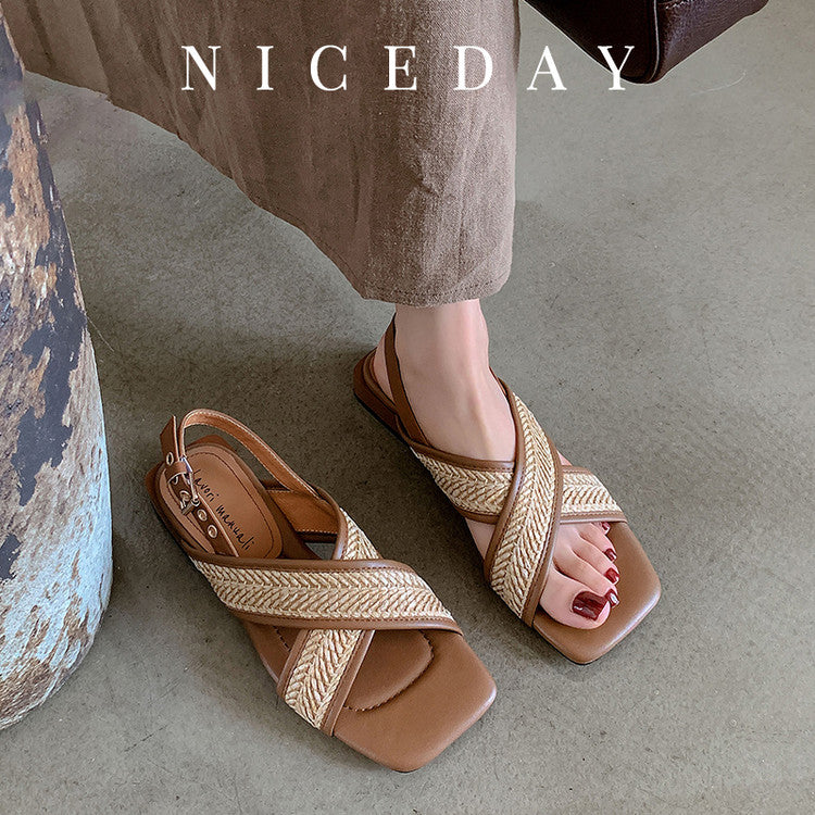Karin Luna In Stock  Spot Goods Woven Style  Cross-strap Vacation Style Flat Sandals