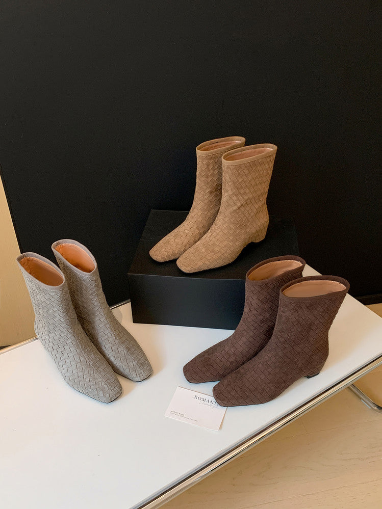 Karin Luna Handmade Woven Fabric Small Square Toe Hidden Heel Short Boots