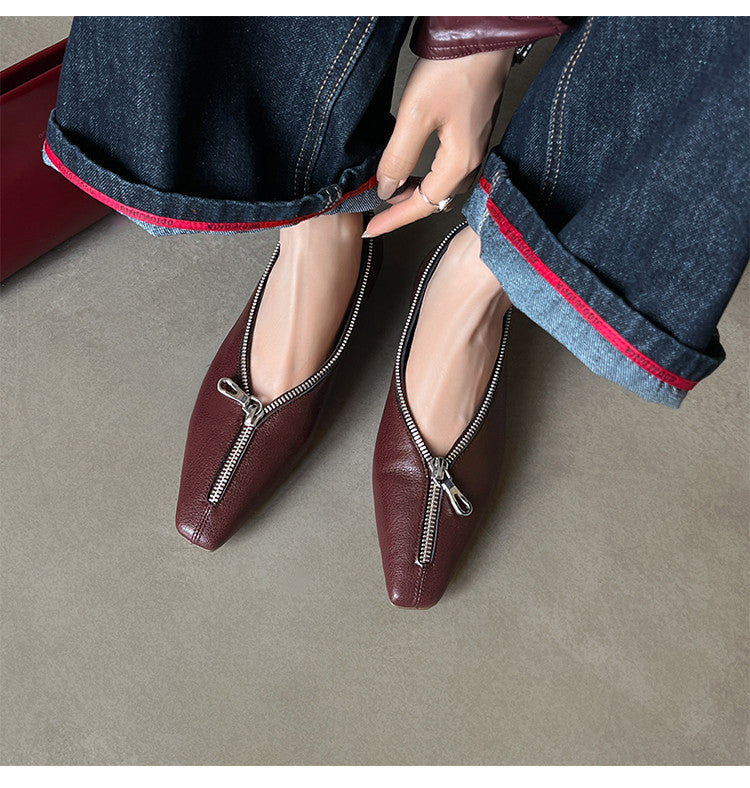 Karin Luna In Stock In Stock ~Basic Versatile Light Luxury Zipper Small Square Toe Flats