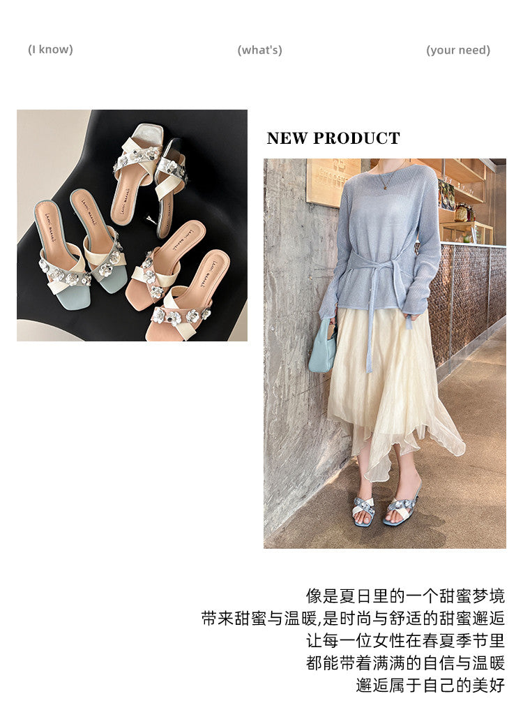 Karin Luna In Stock Spot Goods  Sequin Floral Cross Strap Square Toe Stiletto Slippers