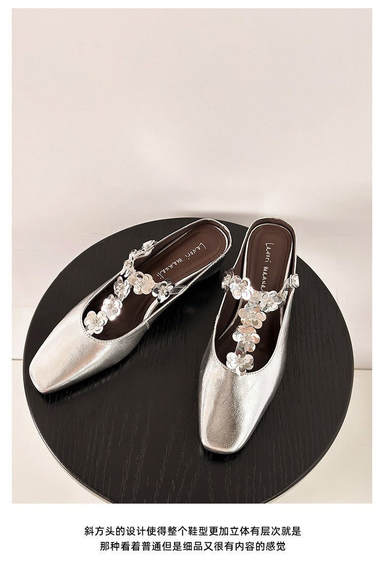 Karin Luna In Stock Spot Goods  T Handmade Sequin Flower Square Toe Height-Increasing Closed-Toe Slippers
