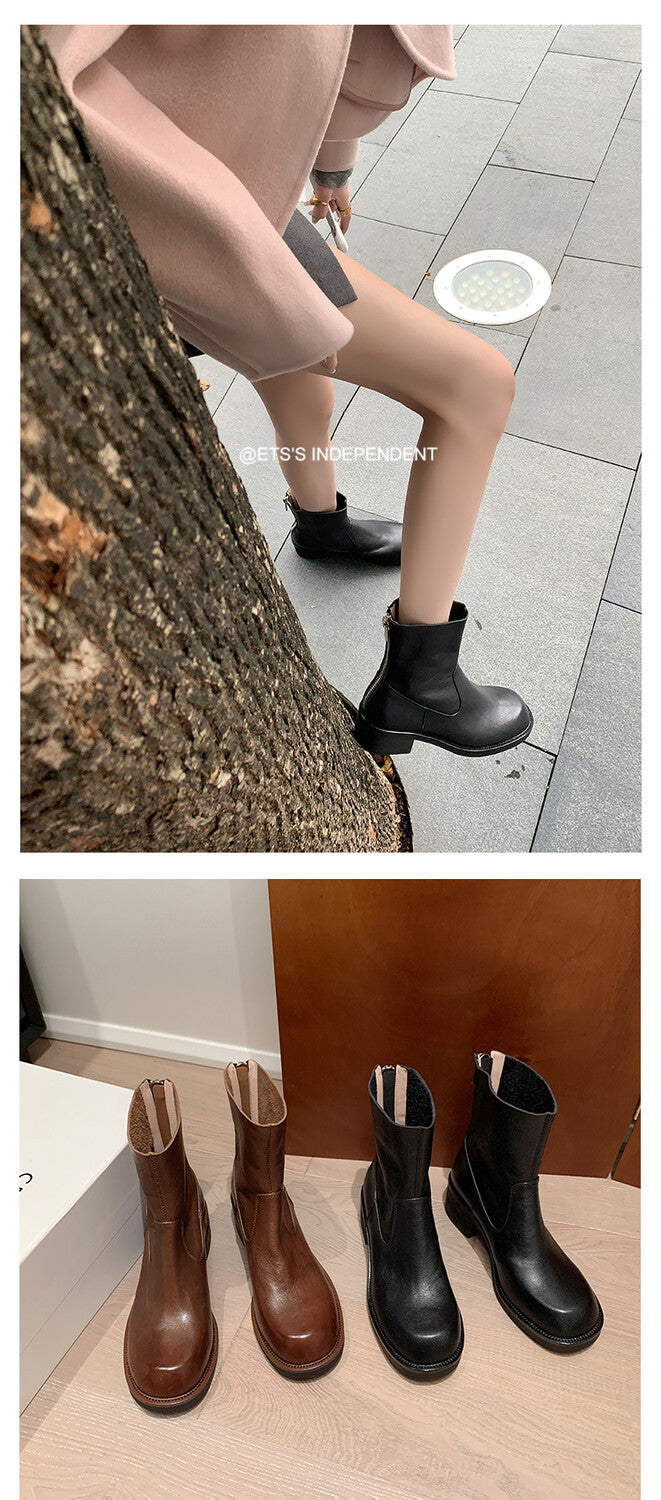 Karin Luna In Stock Spot Goods  Full-grain leather inside and out   Minimalist Texture  Round Toe Flat Bottom Basic Short Boots