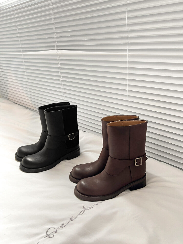Karin Luna Belt Buckle Chunky Heel Fashion Short Boots