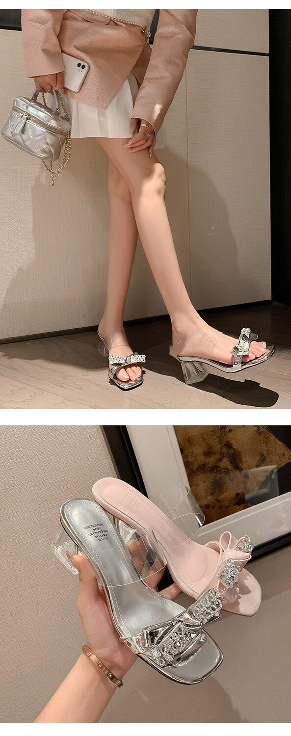 Karin Luna In Stock Summer New It's clearly a model with high traffic Rhinestone Flower Bow Crystal Heel Slippers