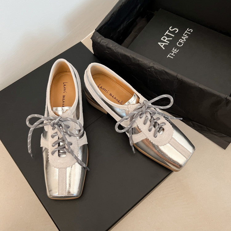 Karin Luna In Stock Spot Goods   Pig Nose Thin Strap Square Toe Patchwork Single Shoes
