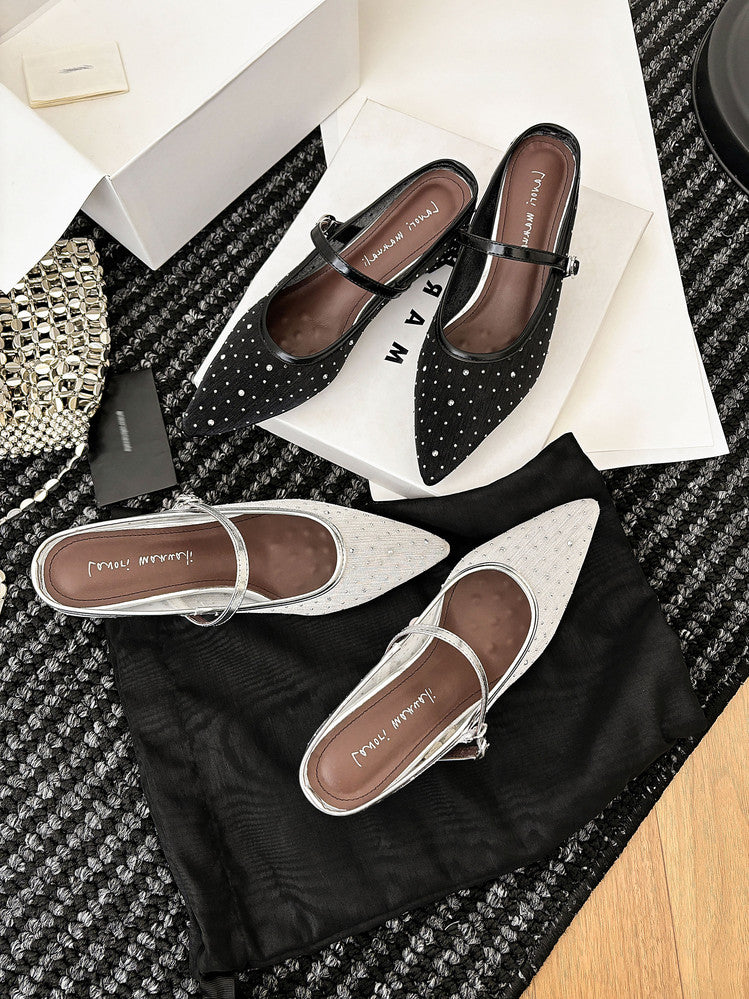 Karin Luna In Stock Spot Goods  Breathable Mesh Fabric Embellished Hand Drill Pointed Toe Slippers