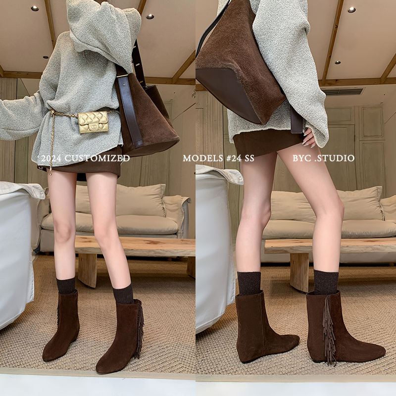 Karin Luna In Stock Spot Goods Tassel Square Toe Hidden Wedge Short Boots