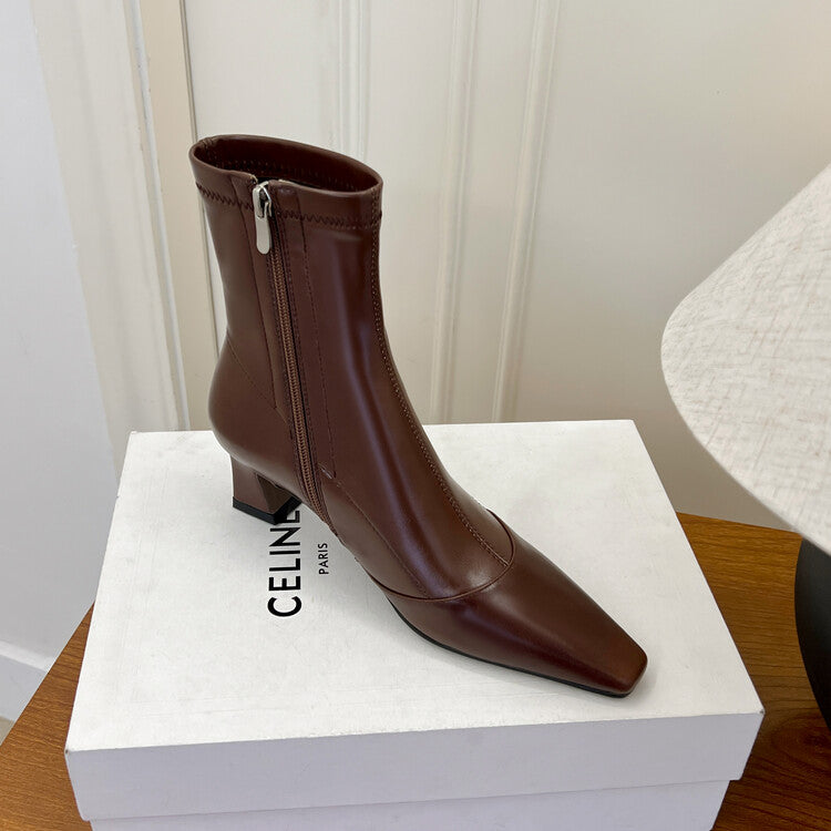 Karin Luna Elegant Small Square Toe Chunky Heel Slim Boots