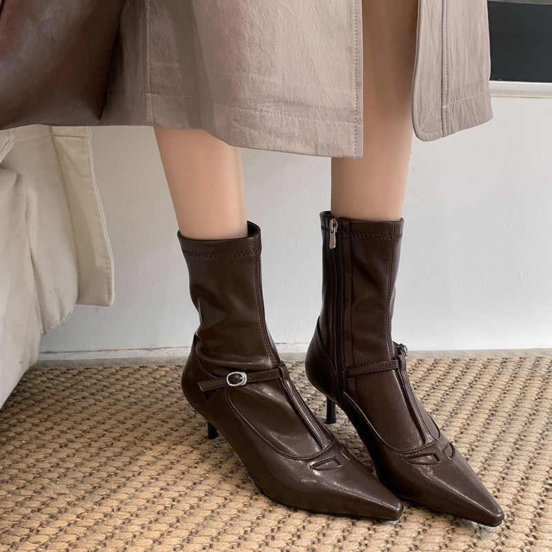 Karin Luna In Stock Spot Goods Elegant Stiletto Pointed Toe Side Zipper Short Boots