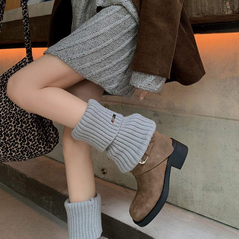 Karin Luna In Stock Spot Goods Versatile Basic Round Toe Belt Buckle Thick Sole Tube Boots