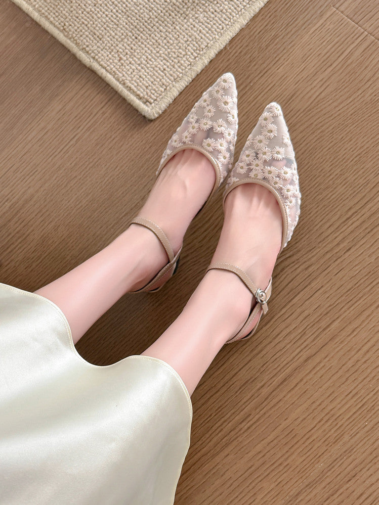 Karin Luna In Stock Spot Goods Embroidered Daisy Sheepskin Mesh Elegant Closed-Toe Slippers