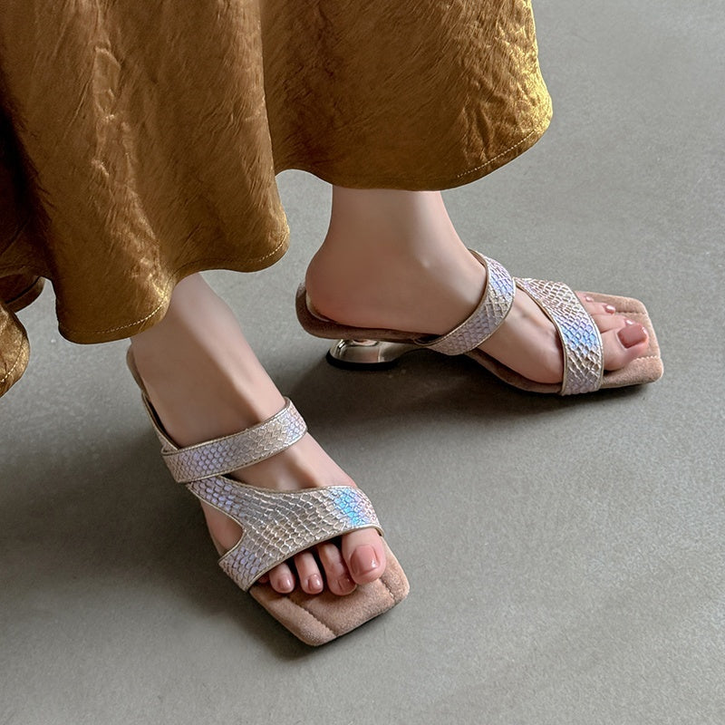 Karin Luna Fish Skin Series~Minimalist Square Toe Popular Irregular Heel Slippers
