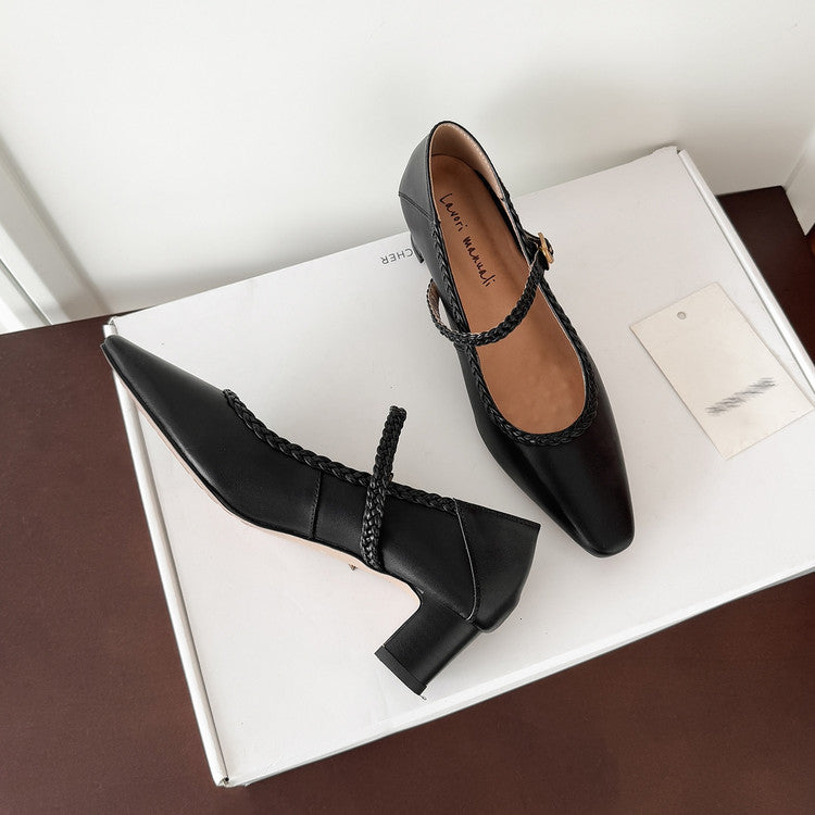 Karin Luna Braided Element Design Chunky Heel Square Toe Single Strap Shoes