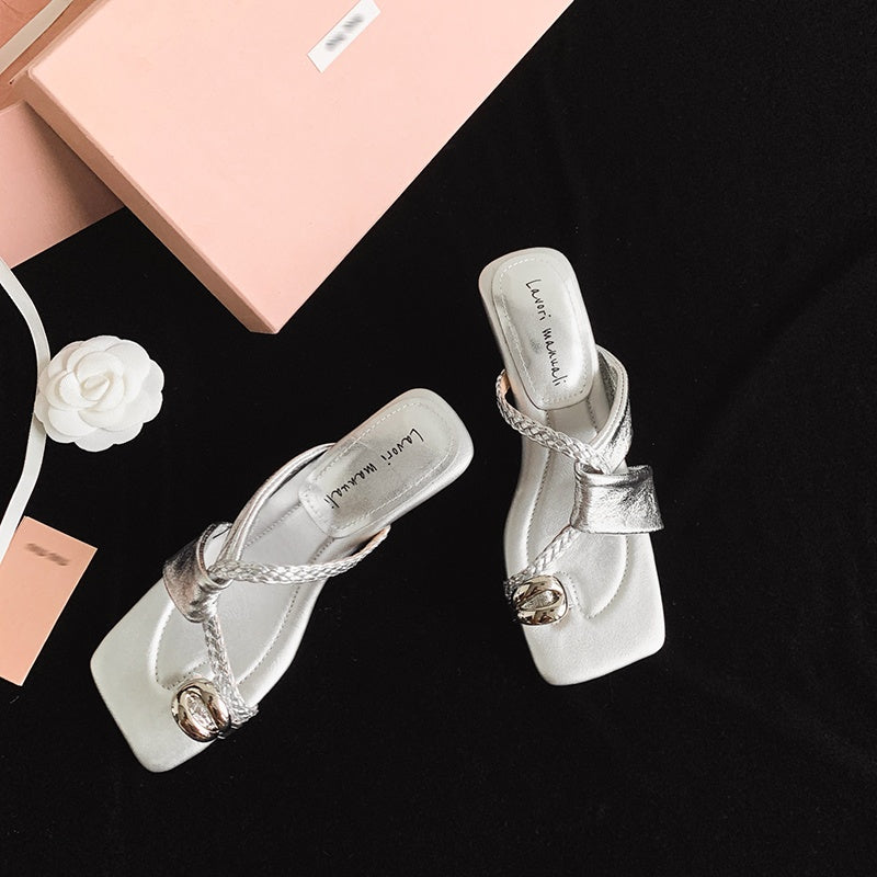 Karin Luna Braided Style ~Cross Strap Square Toe Irregular Heel Slippers