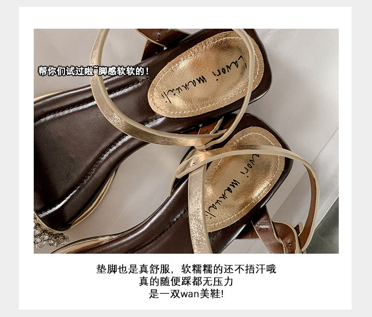 Karin Luna In Stock In Stock  Rhinestone Strap Round Toe Chunky Heel Sandals