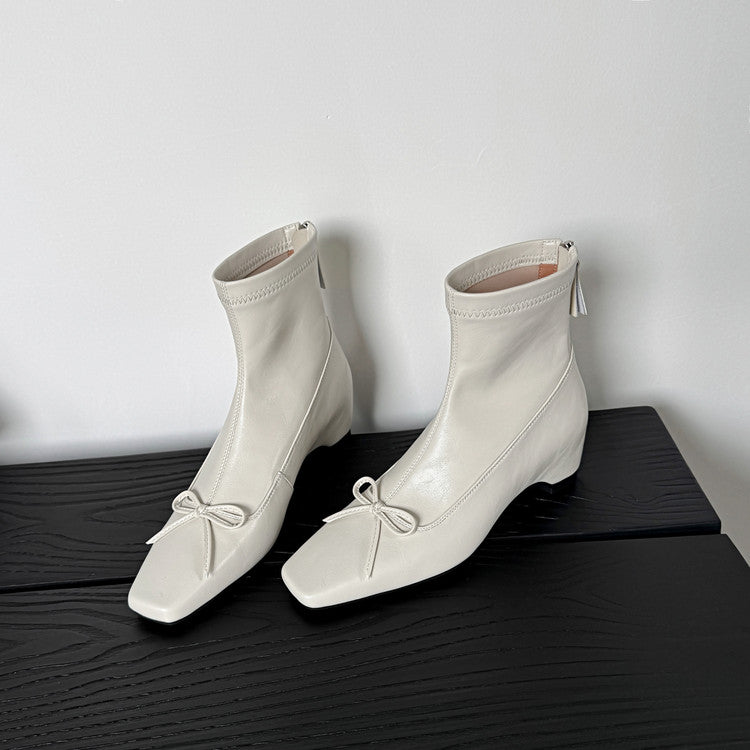 Karin Luna French Style Square Toe Bowknot Hidden Wedge Slim Boots