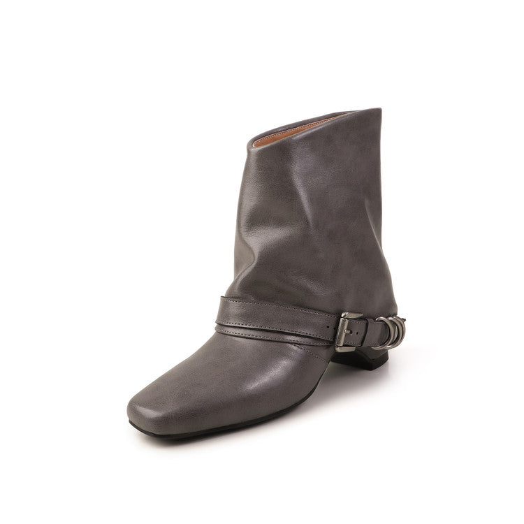 Karin Luna Data Hot Item Square Toe Hidden Wedge Belt Buckle Suede Ankle Boots