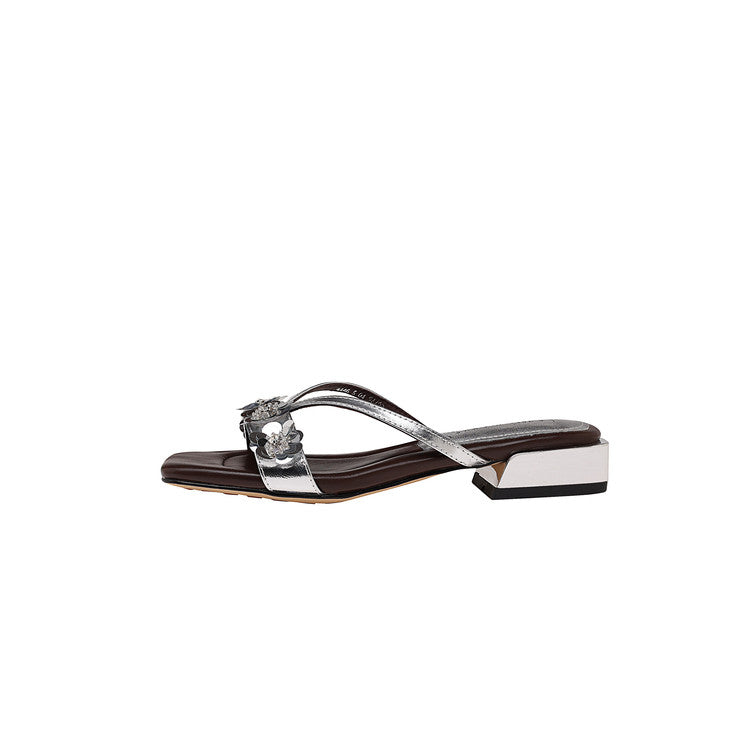Karin Luna In Stock Spot Goods  One-Strap Sequin Floral Square-Toe Flat Slippers