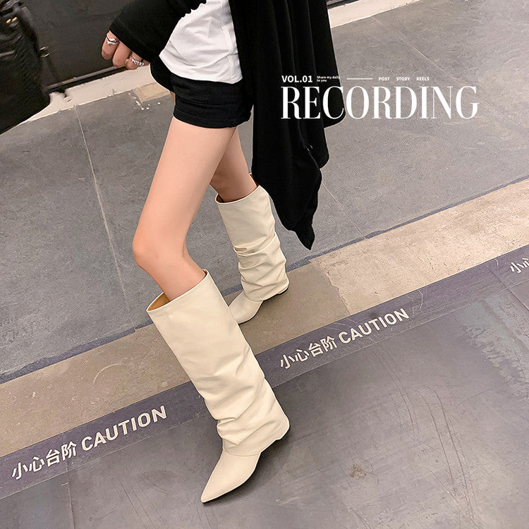Karin Luna Elegant Style Pointed Toe Hidden Wedge Long Boots