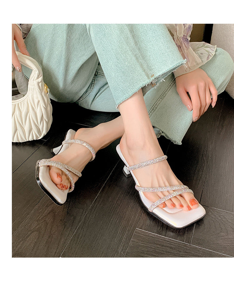 Karin Luna In Stock Spot Goods  Minimalist Versatile Square Toe Rhinestone Strap Open-Toe Sandals