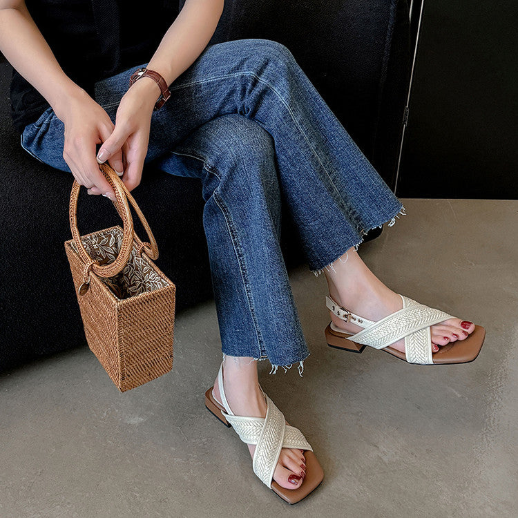Karin Luna In Stock  Spot Goods Woven Style  Cross-strap Vacation Style Flat Sandals