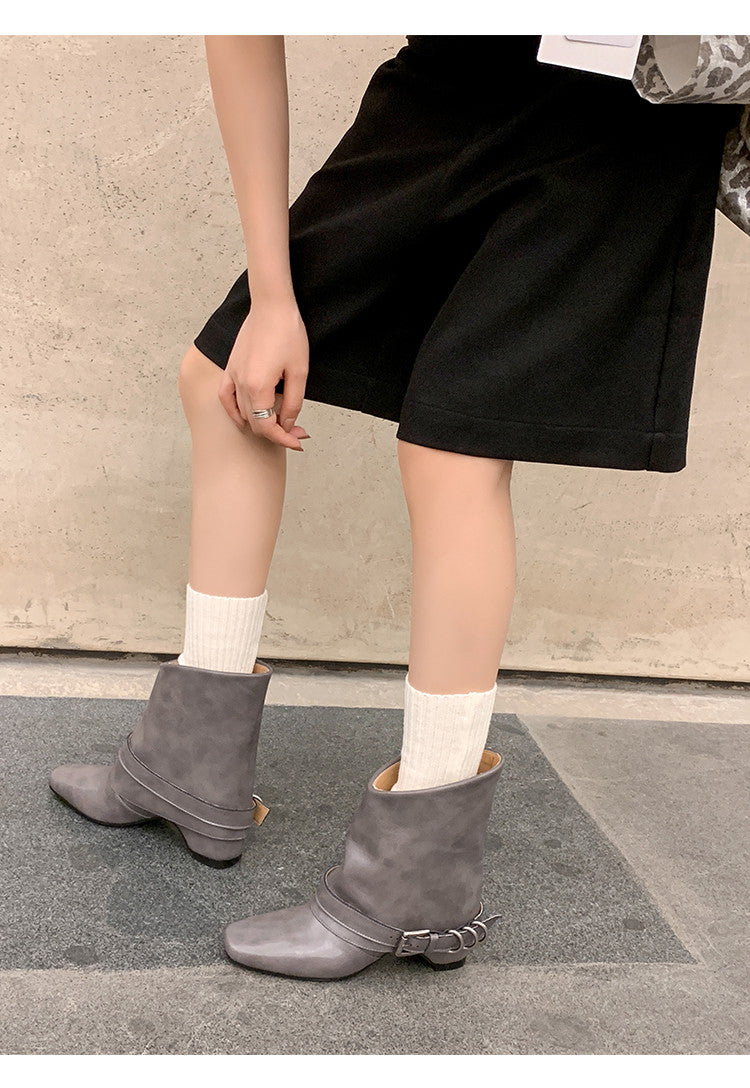 Karin Luna Data Hot Item Square Toe Hidden Wedge Belt Buckle Suede Ankle Boots