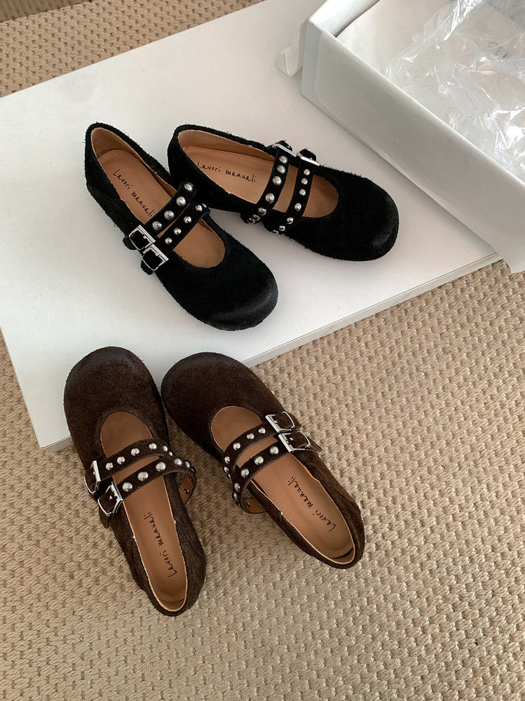 Karin Luna Hot Item Hot Item Punk Style One-Strap Round-Toe Suede Leather Height-Increasing Flats