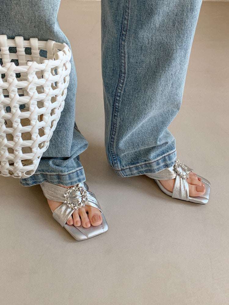 Karin Luna In Stock In Stock Elegant Square-Toe Cross-Strap Rhinestone Square-Toe Slippers