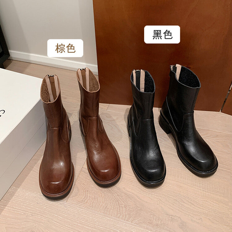 Karin Luna In Stock Spot Goods  Full-grain leather inside and out   Minimalist Texture  Round Toe Flat Bottom Basic Short Boots