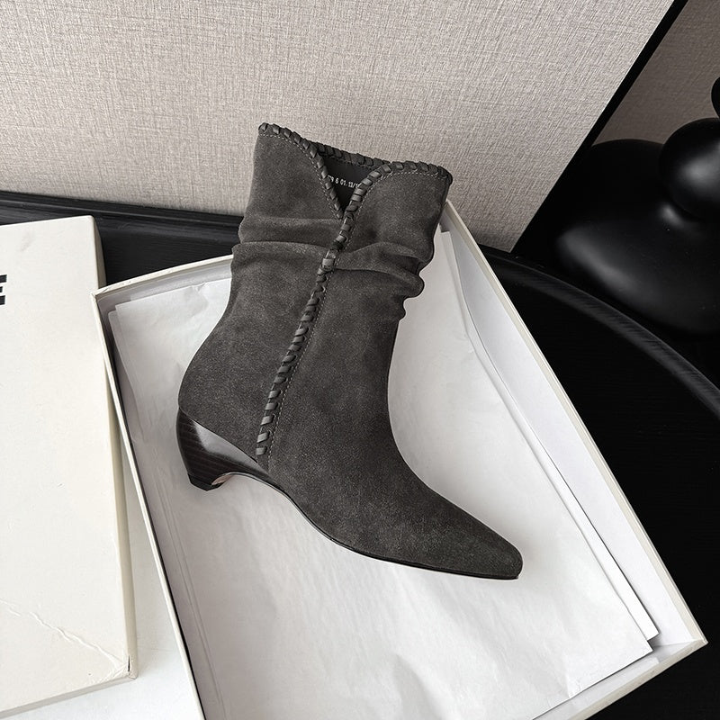 Karin Luna Elegant Style Small Square Toe Pleated Short Boots