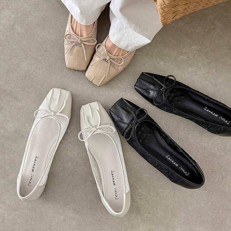 Karin Luna In Stock In Stock  Wrinkled Square Toe Patchwork Breathable Mesh Bow Granny Shoes