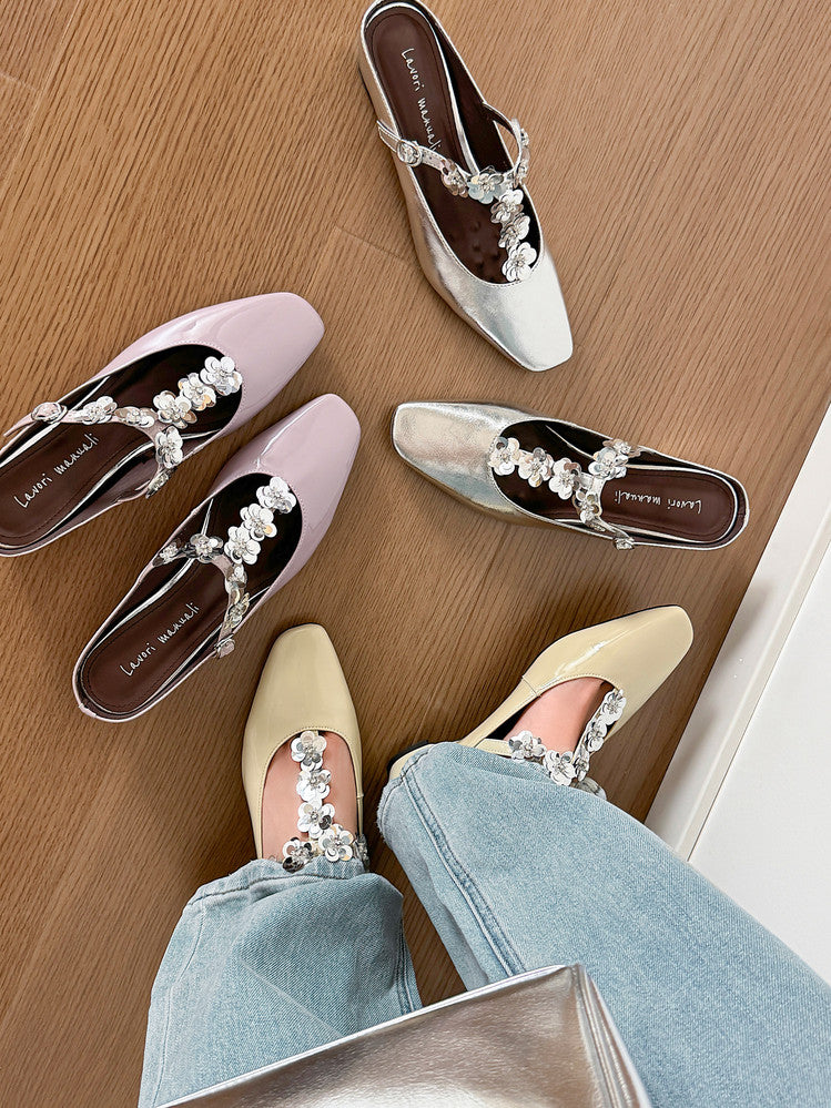 Karin Luna In Stock Spot Goods  T Handmade Sequin Flower Square Toe Height-Increasing Closed-Toe Slippers