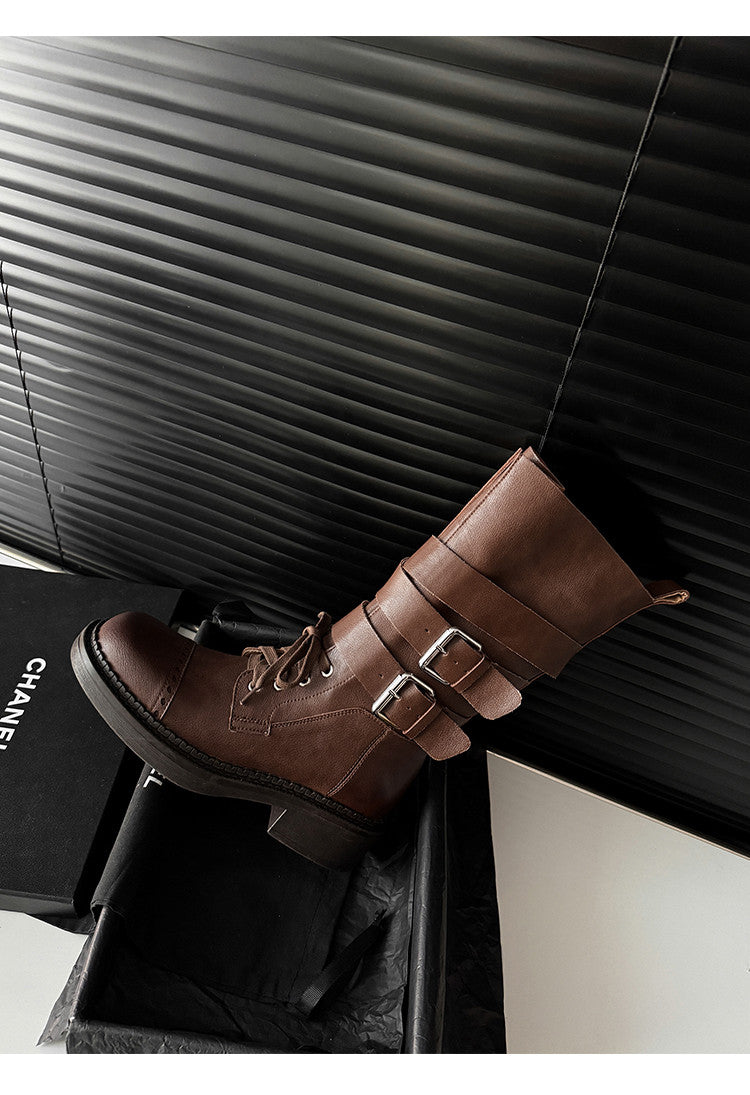 Karin Luna Bestseller Hot-Selling Large Tube Leather Belt Buckle Round Toe Thick-Soled Short Boots