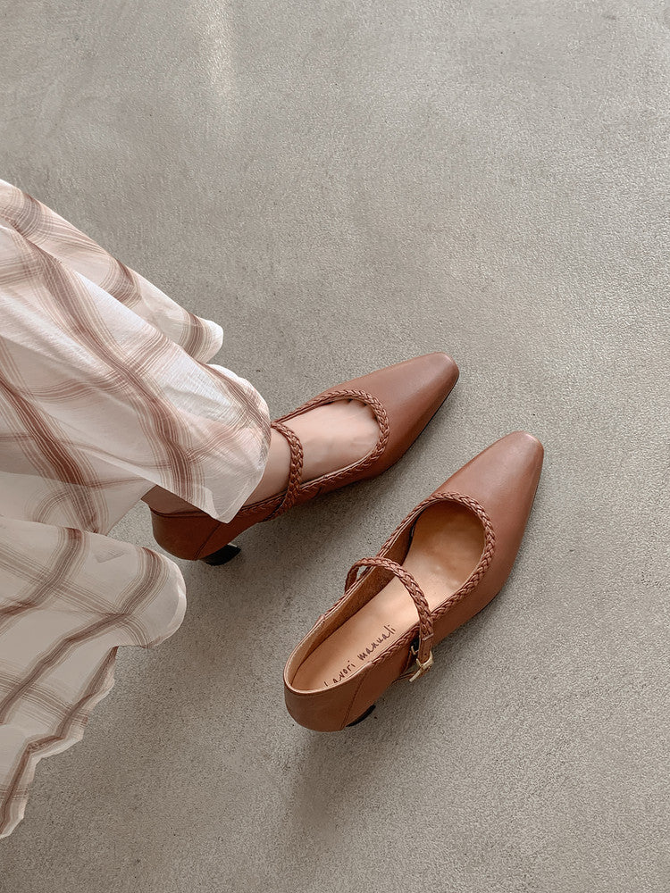 Karin Luna Braided Element Design Chunky Heel Square Toe Single Strap Shoes