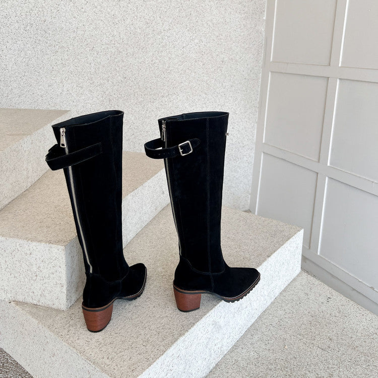 Karin Luna In Stock Spot Goods Retro Cowhide Leather Chunky Heel Suede Long Boots