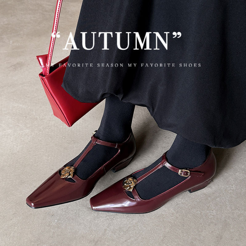 Karin Luna In Stock Spot Goods    Retro Classic Metal Camellia Irregular Heel Single Shoes